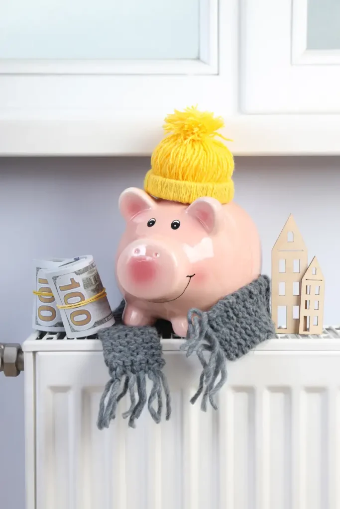 Heating Installation - Picture of a plaster pink piggy bank wrapped around a green scarf with curreny notes on one side. The concept is sitting on radiator heater.